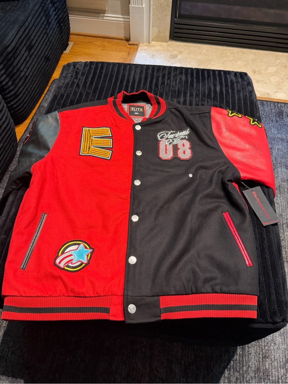Elite Brand Men's Red & Black Varsity Jacket with Embroidered Patches NWT